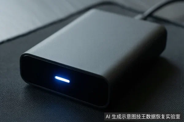 画面中一个黑色长方体电子设备放置在深色织物表面,前端亮着一条蓝色指示灯,后方连接着一根线缆。