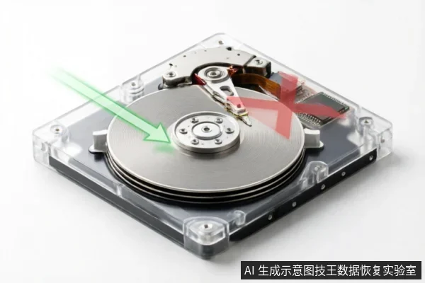 图片展示了一个透明外壳的机械硬盘内部结构。盘片中心位置标有绿色箭头,表示允许的操作区域;磁头臂上方标有红色叉号,警示禁止触碰或操作该部件。