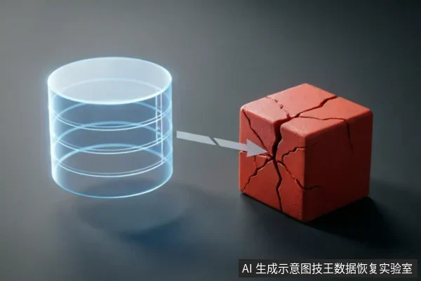 画面左侧为一个发光的蓝色圆柱体数据库图标,右侧是一个表面布满裂纹的红色立方体。一道白色箭头从圆柱体指向立方体,形象地展示了数据逻辑结构向物理介质损坏或故障状态的转化过程。