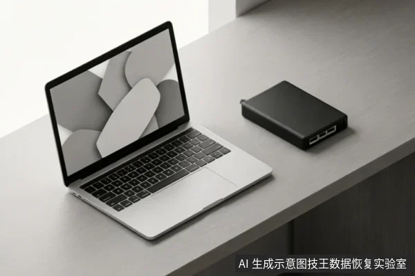 A silver laptop sits on a desk next to a black external hardware device, illustrating the connection between a host system and physical storage equipment.