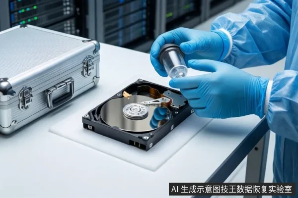洁净室白色桌面上，穿蓝色无尘服戴蓝手套的双手正持握一个透明圆柱形容器，下方平放一块打开外壳的机械硬盘，左侧为银色金属防震箱，背景可见服务器机柜。