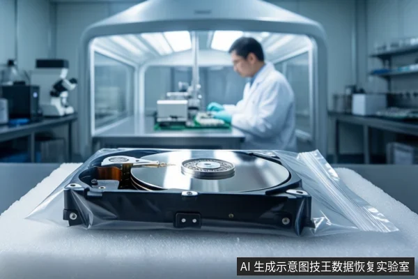 白色泡沫垫上平放一块打开外壳的机械硬盘,置于透明防静电袋中。背景为洁净室环境,一名穿白大褂的技术人员正在工作台前操作设备。