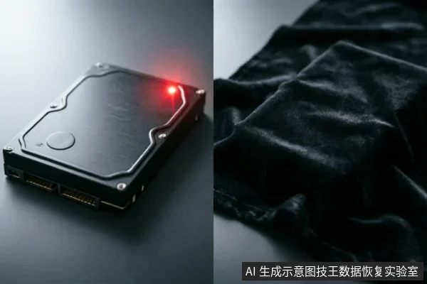 一张黑色机械硬盘斜放在深色背景上,右上角亮着红色指示灯,旁边是一块黑色的绒布。画面展示了存储硬件与清洁软布的特写,暗示数据恢复环境中的设备状态或防尘操作。