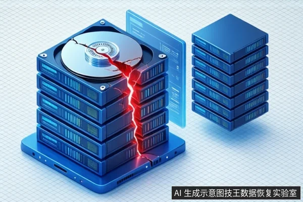浅蓝网格背景上,左侧蓝色堆叠存储模块发出亮光,中间透明屏障碎裂,右侧黑色堆叠存储设备表面布满裂纹并散落碎片。
