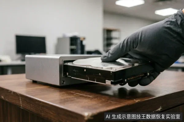戴着黑色防静电手套的专业人员正将一块机械硬盘从银色外接硬盘盒中取出,背景为模糊的办公或实验室环境。画面展示了数据恢复检测前的硬件拆解与准备环节,体现了专业操作规范。