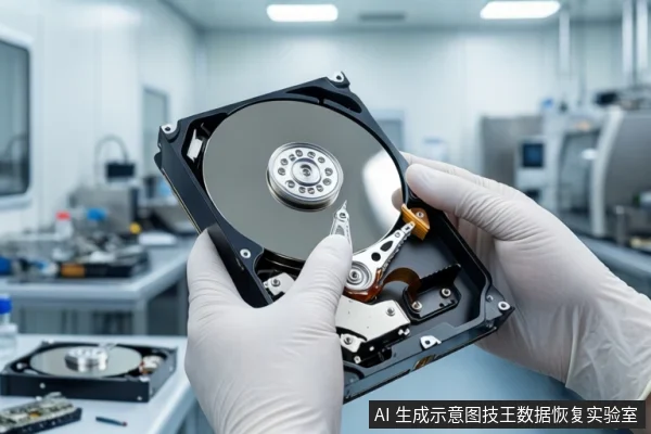 洁净室环境中,一双戴白色手套的手正握持一块打开外壳的机械硬盘,展示其内部盘片与磁头组件。背景为模糊的实验室设备。