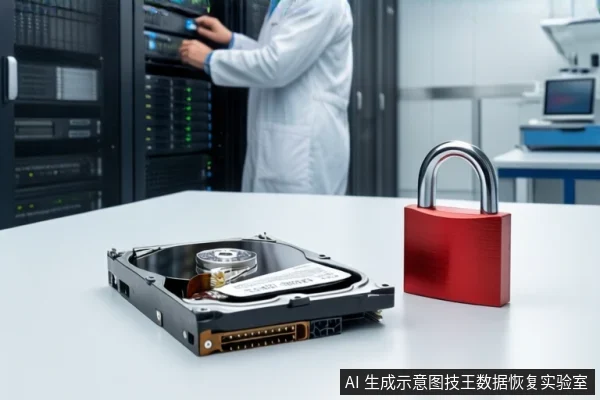 白色桌面上平放一块打开外壳的机械硬盘,右侧立着一把红色挂锁。背景中一名穿白大褂的技术人员正在操作服务器机柜。