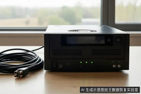 窗边木桌上放着一台黑色机架式存储设备，前面板有显示屏、指示灯和接口，左侧有一卷黑色线缆。