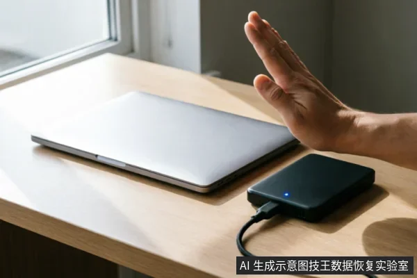 一只手掌在连接着移动硬盘的笔记本电脑前做出停止手势,示意立即停止操作。画面通过肢体语言直观传达了在硬盘出现异常时,应优先止损、避免写入并保护原始数据状态的核心原则。