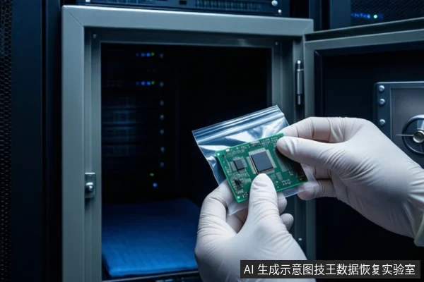戴白手套的双手在打开的金属柜前持握透明袋装绿色电路板,柜内蓝色垫子上无其他设备,背景为模糊的服务器机柜。