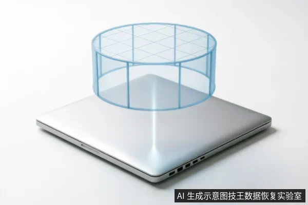 一台闭合的银色笔记本电脑,机身表面投射出垂直向上的蓝色光束,托举着一个悬浮的半透明蓝色圆柱体网格结构,象征数据保护罩或虚拟存储空间。