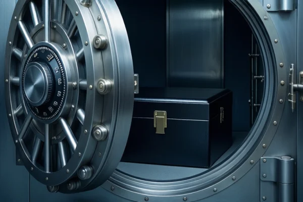 Open vault door revealing a black safe box inside a metal chamber.