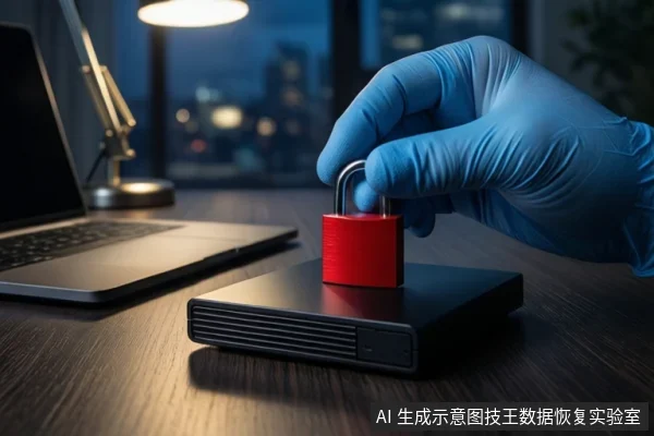 深色木桌上,左侧是一台银色笔记本电脑,中间平放一个黑色外接硬盘盒。右侧一只戴蓝色手套的手正持握一个红色挂锁,悬停在硬盘盒上方。背景为模糊的办公环境。