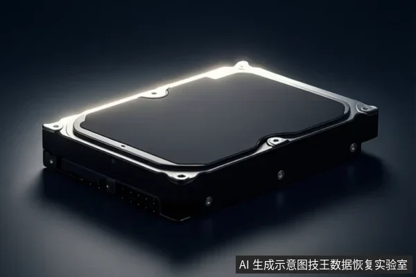 深色背景下的黑色机械硬盘,边缘有发光效果,接口清晰可见。
