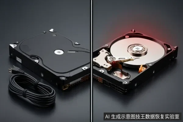 左右分屏展示机械硬盘：左侧为带盖外壳与SATA数据线，右侧为打开顶盖的盘片、主轴与磁头组件，背景为深色。