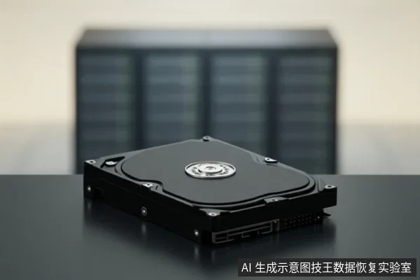 黑色桌面上放置一块黑色机械硬盘，背景为虚化的机架式设备，画面无操作动作。