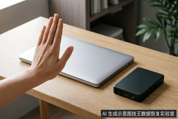 一只手掌在闭合的笔记本电脑前做出停止手势，旁边放置着一个黑色外接移动硬盘。画面直观传达了在存储设备出现异常时立即断电、停止操作并拒绝进一步尝试的含义。