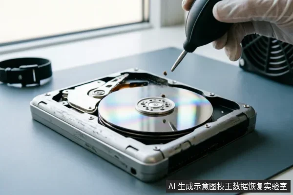 一只戴着白色手套的手正使用黑色气吹清理已拆解的硬盘内部,露出反光的磁盘盘片。背景可见散热风扇和防静电腕带,展示了专业数据恢复中针对精密盘体的清洁操作环境。
