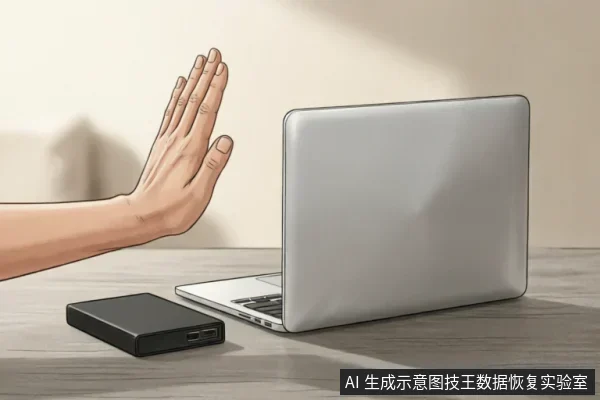 一只手掌伸出做出停止的手势,挡在打开的笔记本电脑和黑色外接移动硬盘前方,示意立即停止操作。