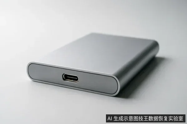 画面展示了一个银灰色金属外壳的便携式移动硬盘，呈倾斜角度放置在白色背景上。重点展示了设备侧面的USB Type-C接口，表面光滑无文字，体现了现代存储介质的外观特征。