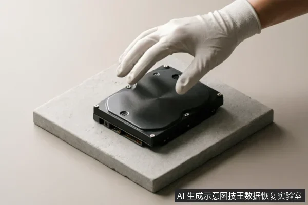 一只戴着白色防护手套的手悬停在一块放置于灰色防静电垫上的机械硬盘上方,展示了对存储设备进行专业、谨慎的物理接触与检测场景。