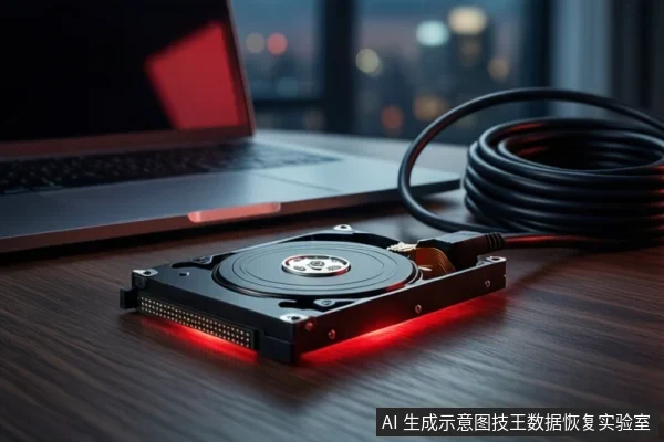 木质桌面上平放一块打开外壳的机械硬盘，底部透出红光，右侧连接一根盘绕的黑色线缆，左侧有一台屏幕关闭的笔记本电脑，背景为模糊的城市夜景。