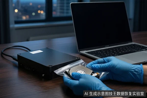 深色木桌上,一双戴蓝色手套的手正将一块机械硬盘放入透明防静电袋中。左侧有一个黑色外接硬盘盒,右侧是一台屏幕关闭的笔记本电脑,背景为模糊的城市夜景窗户。