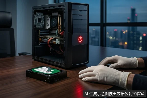 木质桌面上，左侧竖立一台黑色塔式主机，正面电源按钮亮红灯。前景平放一块打开外壳的机械硬盘，露出绿色电路板。右侧一双戴白手套的手平放在桌边。背景为模糊的窗户和城市夜景。