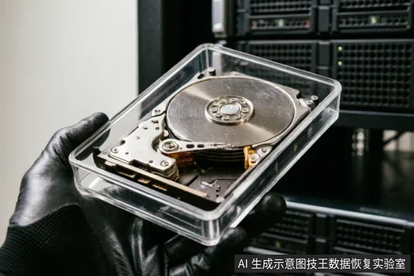 一只戴着黑色手套的手托举着一个透明塑料盒,盒内装有一块裸露的机械硬盘。背景为模糊的黑色服务器机柜,隐约可见绿色指示灯,营造出专业数据恢复或硬件检测环境的氛围。