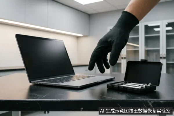 一只戴着黑色防静电手套的手悬停在打开的笔记本电脑旁，桌面上放着一个装有精密螺丝刀的工具盒。背景为带有玻璃门的储物柜，呈现出专业数据恢复实验室或硬件维修检测环境的场景。