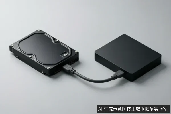 画面展示了一块裸露的机械硬盘通过数据线连接至一个黑色的方形外部转接盒或存储设备,背景为纯净的灰白色。该图直观呈现了硬盘的物理连接状态及硬件接口对接方式,常用于示意数据恢复中的硬件检测、只读克隆或镜像制作等物理隔离操作场景。