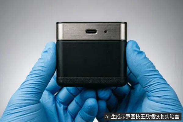 一双戴着蓝色防护手套的手托举着一个黑色长方体存储设备,设备顶部为银色金属面板,可见USB-C接口及指示灯孔,背景为纯净的灰白色。