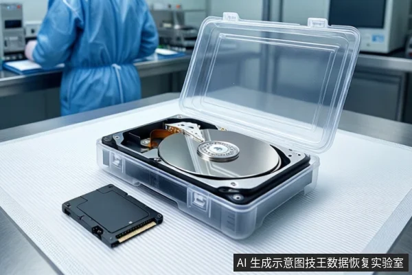 洁净室白色桌面上,一个透明塑料盒内平放一块打开外壳的机械硬盘,露出盘片与磁头组件。前景平放一块黑色固态硬盘。背景可见穿蓝色无尘服的技术人员在工作台操作。