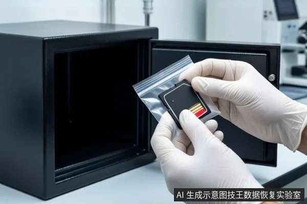 白色桌面上,一个打开的黑色防震箱内固定着一块机械硬盘。一双戴白色手套的手正握持一张装在透明防静电袋中的黑色存储卡,悬停在箱子上方。背景为模糊的实验室环境。