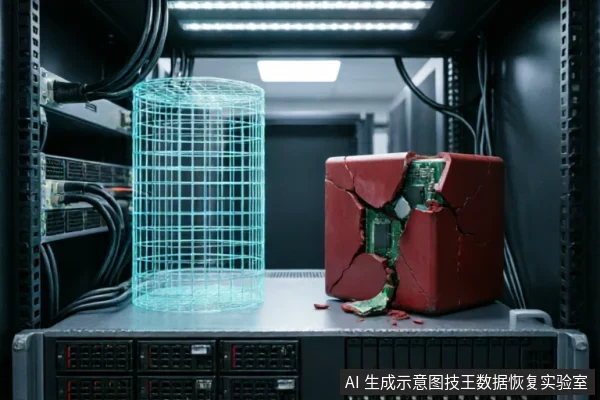 服务器机柜内放置着一个发光的蓝色线框圆柱体和一个外壳破碎、露出内部电路板的红色立方体设备。背景为数据中心环境,通过完好与损坏硬件的对比,象征数据恢复中逻辑故障与物理损毁的区别。