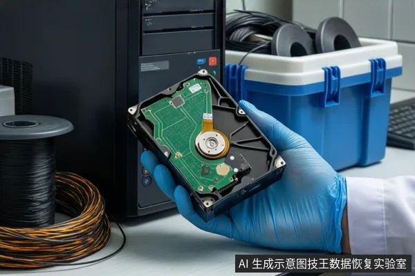 一只戴蓝色手套的手握持一块打开外壳的机械硬盘,露出绿色电路板与磁头组件。背景左侧是黑色台式主机和盘绕线缆,右侧是蓝色防震箱。