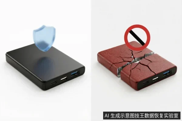 图片分为左右两部分进行对比。左侧展示一个完好的黑色外接硬盘,上方悬浮着蓝色盾牌图标,象征安全保护;右侧展示一个严重碎裂的红色外接硬盘,上方带有禁止符号,象征物理损坏与风险。