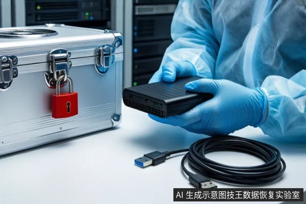 洁净室白色桌面上，戴蓝色手套的双手正持握一个黑色移动硬盘盒，左侧为挂有红色挂锁的银色金属防震箱，右侧盘绕一根黑色USB数据线，背景可见服务器机柜和穿蓝色无尘服的人员。