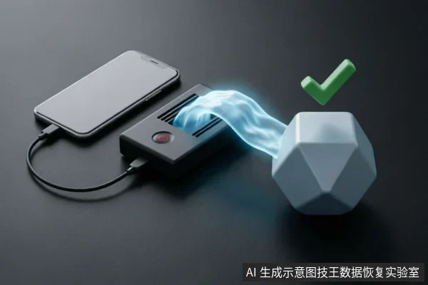 一部智能手机通过数据线连接至黑色盒状设备,该设备正向右侧一个多面体几何块传输蓝色流光数据流,几何块上方悬浮着一个绿色对勾图标。