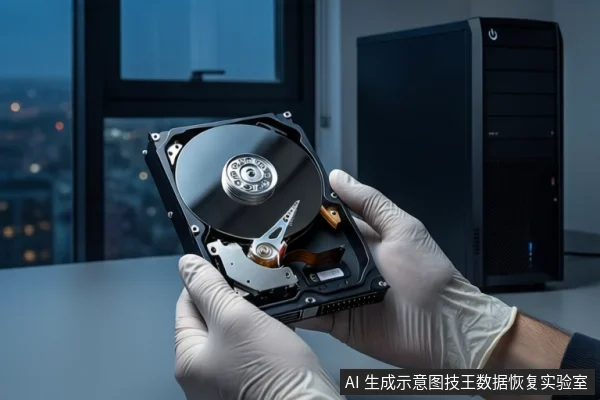 戴白手套的双手在室内桌面上持握一块打开外壳的机械硬盘,露出盘片与磁头组件。右侧竖立一台黑色塔式主机,背景为模糊的城市夜景窗户。