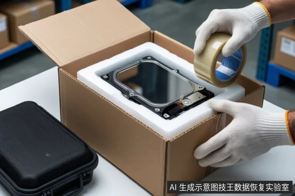 仓库环境中，白色桌面上放置一个装有白色泡沫的纸箱，泡沫中固定着一块裸露的机械硬盘。左侧放置一个黑色防震箱。一双戴白色手套的手正持一卷透明胶带，准备封箱。背景可见货架和纸箱。