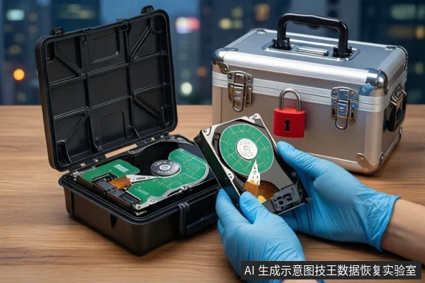 木质桌面上,戴蓝色手套的双手正持握一块打开外壳的机械硬盘,左侧黑色防震箱内放置另一块硬盘,右侧银色防震箱挂有红色挂锁,背景为模糊的城市夜景。
