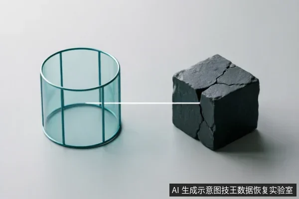 画面展示了一个青色透明圆柱体框架与一块黑色裂纹石块，中间由一条白色细线连接。该图像通过抽象的几何对比，隐喻数据恢复中逻辑结构（框架）与物理介质（石块）之间的关系或连接状态。