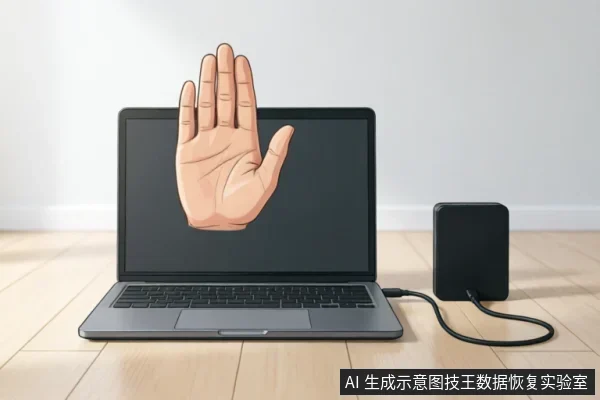 一台笔记本电脑通过数据线连接着右侧的黑色移动硬盘，电脑屏幕中央显示一只巨大的卡通手掌做出“停止”的手势，示意在故障排查时立即停止操作。