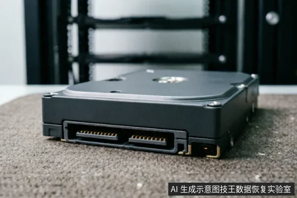 一张特写照片,展示了一块放置在灰色毛毡垫上的3.5英寸机械硬盘。画面聚焦于硬盘背面的SATA数据与电源接口,背景为模糊的黑色服务器机架结构,体现了数据存储硬件的物理形态。