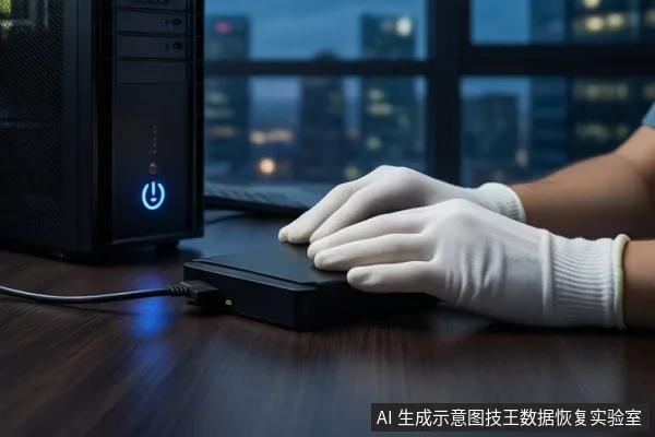 木质桌面上,戴白手套的双手平放在一个黑色外接硬盘盒上,左侧连接黑色数据线,旁边竖立一台亮着蓝色电源按钮的黑色塔式主机,背景为模糊的城市夜景。
