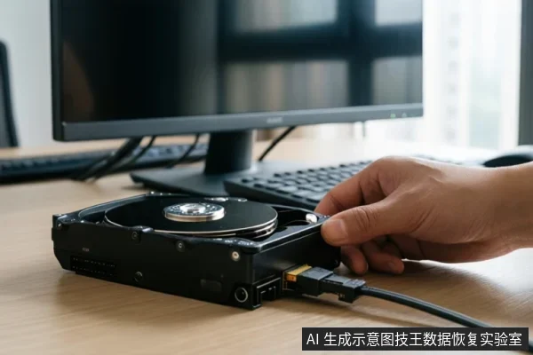 一只手正在将SATA数据线插入裸露盘片的机械硬盘接口,背景为显示器和键盘。