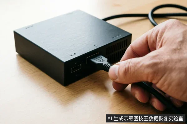 一只手正在将黑色数据线插入放置在木质桌面上的黑色方形移动硬盘盒接口中,展示了检查或重新连接外部存储设备物理链路的操作场景。