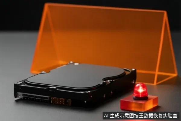 灰色台面上放置一块黑色机械硬盘,旁边有一个亮红灯的方形警示灯,后方立着橙色半透明挡板。