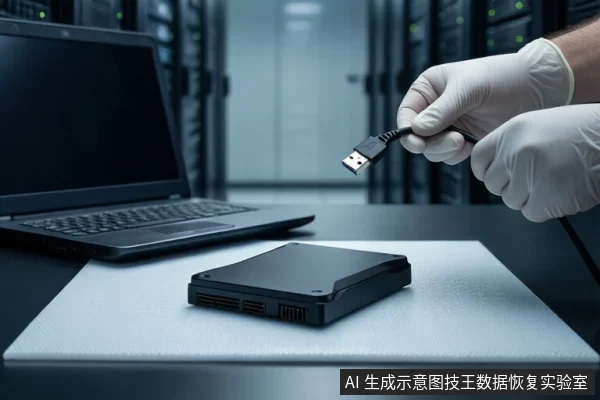 服务器机房背景中,左侧有一台打开的黑色笔记本电脑,屏幕黑屏。前景白色台面上平放一块黑色移动硬盘,右侧一双戴白色手套的手正握持一根黑色USB数据线,悬停在硬盘上方。